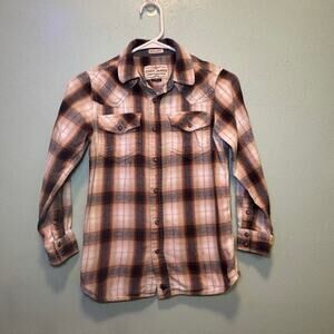 Cody James Boys Brown Tan Plaid Flannel Button Up Long Sleeve Western Shirt